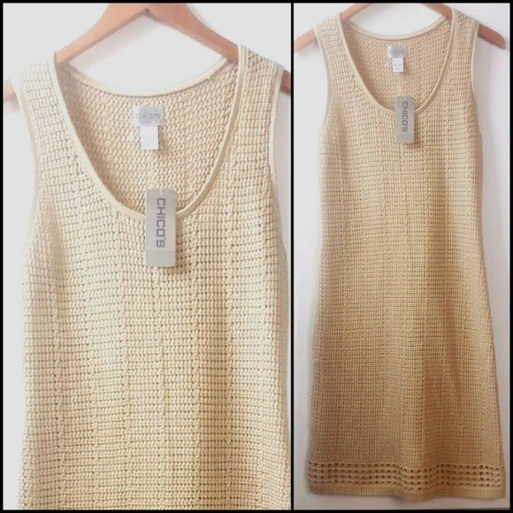 𝅺NEW! CHICO'S Gwendaline Gold Foil Sleeveless Crochet Dress Small. - Picture 4 of 9